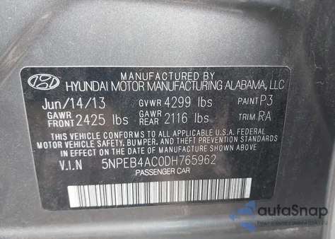 2013 Hyundai Sonata Gls из США, поврежденный, VIN 5NPEB4AC0DH765962